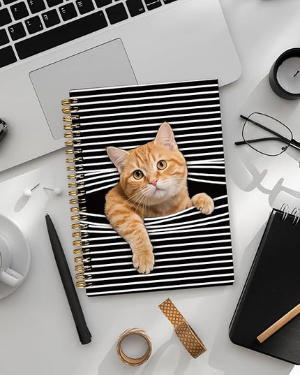 Funny Orange Tabby Cat Notebook Journal, Orange Cat Gifts Notebooks for Women, Pet Lovers Gifts Journal, Black and White Striped Cute Kitten Hardcover Spiral Notebook 5.5x8.3 Inch