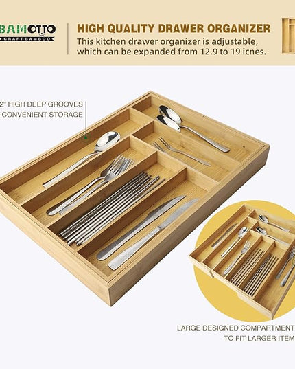 Expandable Bamboo Drawer Organizer – Large 20"x16.9" Size with Adjustable Dividers – for Kitchen Utensils, Knives, Cutlery, Flatware & Silverware Storage Tray
