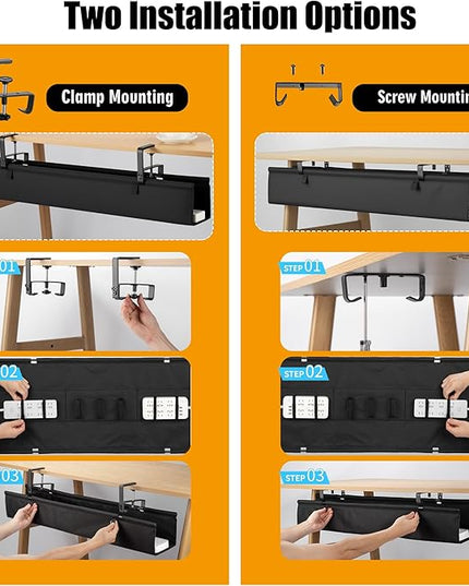 Oxford Cloth Under Desk Cable Management Tray,No-Drill 36" Desk Cable Management Organizer with Clip/Screw Installation,Fabric Cable Management for Home,Office & Gaming Computer(Black)