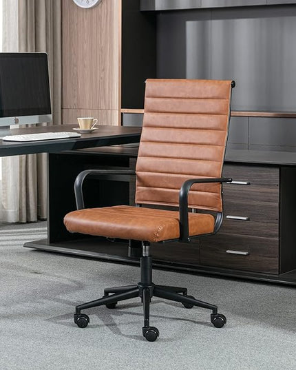 Okeysen Leather Office Desk Chair, Mid-Century Modern Leather Conference Room Chairs, Ergonomic Executive Ribbed Height Adjustable Swivel Rolling Chair for Home Office.