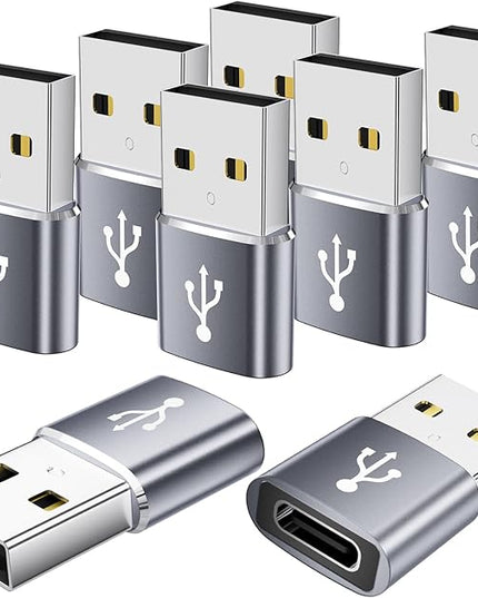 USB to USBC Adapter 8 Pack,USB to Type C Adapter,USBC Female to USBA Male,Charging Cable Converter for iPhone,Laptop,iWatch,Car Play,Charger,Grey