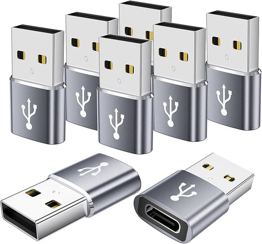 USB to USBC Adapter 8 Pack,USB to Type C Adapter,USBC Female to USBA Male,Charging Cable Converter for iPhone,Laptop,iWatch,Car Play,Charger,Grey