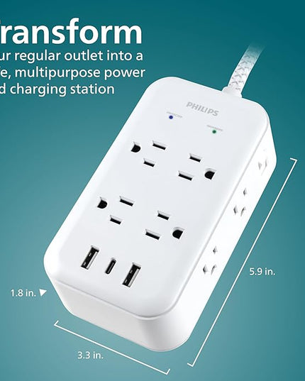 Philips Surge Protector, 8 Outlet, 2 USB-A, 1 USB-C, 17W, 3120J, Braided Cord, 6ft, White