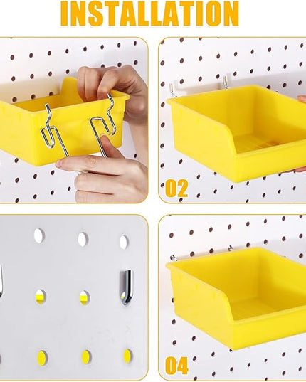 Roowest 60 Pcs Pegboard Cups Pegboard Bins Set, Wall Organizer with Hooks and Loops, Hooks Assortment Organizer Accessory for Office Storage Garage Craft Workshop(Yellow)
