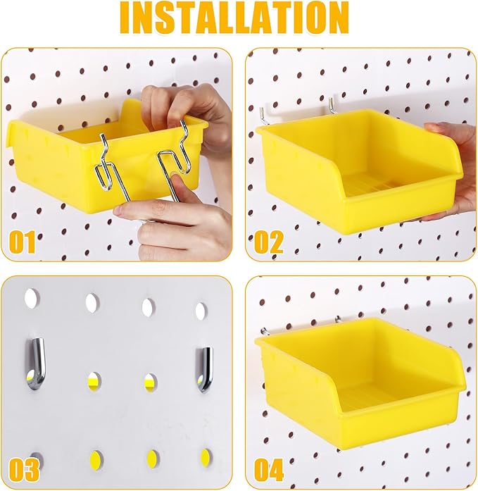 Roowest 60 Pcs Pegboard Cups Pegboard Bins Set, Wall Organizer with Hooks and Loops, Hooks Assortment Organizer Accessory for Office Storage Garage Craft Workshop(Yellow)