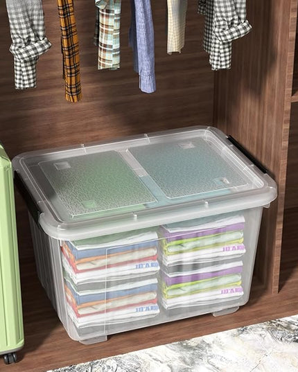 50 Quart Large Plastic Storage Box with Wheels, Latching Box with Lid, Wheeled Storage Bin, 4 Packs