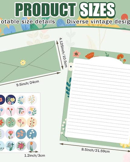 EggSun 250Pcs Cute Stationery Paper and Envelope Set with 100 Letterhead Papers and 50 Envelopes,10 Design for Letter Writing Invitations Computer Holidays Party Notes, 8.5x11 Inch- Lined Flower