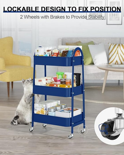 EAGMAK 3 Tier Utility Rolling Cart, Metal Storage Cart with Handle and Lockable Wheels, Multifunctional Storage Organizer Trolley with Mesh Baskets for Kitchen, Living Room, Office, Garage (Indigo)