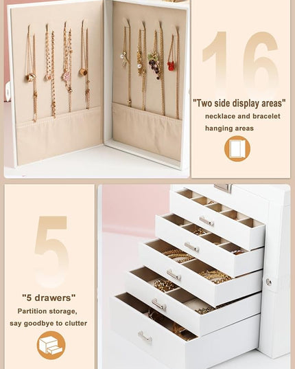 BOOVO Jewelry Box For women, 6 Layer Large Jewelry Organizer With Mirror, Multi-Function Storage Box With Lock, Necklace Holder With 5 Drawers, For Earrings Necklace Bracelet (Silver and White)