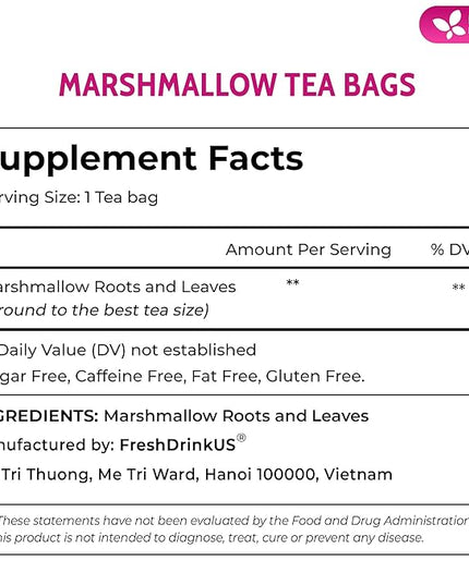 FreshDrinkUS, Premium 75 Marshmallow Root and Leaf Tea Bags, 100% Natural & Pure. Loose Leaf Marshmallow Herbal Tea. Made with Eco-Conscious Tea Bags. No Sugar, No Caffeine, No Gluten, Vegan.