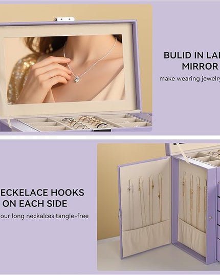 Frebeauty Large Jewelry Box,6-Tier PU Leather Jewelry Organizer,Multi-functional Storage Case with Mirror,Accessories Holder with 5 Drawers for Necklace Bracelets Watches（Purple）