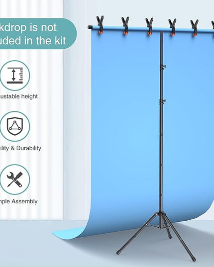 T-Shape Backdrop Stand 8x5.3FT, Height and Width Adjustable Background Stand for Parties,Green Screen Holder with 6 Spring Clamps