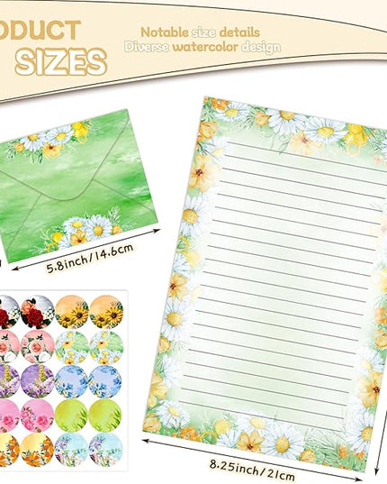 TaoBary 160 Pcs Stationery Paper Set 50 Double Sided Stationery Papers with 50 Matching Envelopes and 60 Round Dot Sticker, 10 Design(Flower,5.5 x 8.25 Inch)