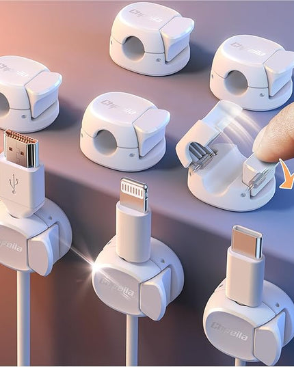 8Pack Cord Organizer [Dual Spring & Clasp] [Max Stability] Cable Clips, Chfeila Cord Holder, Desk Cable Management, Adhesive Wire Organizer for Home Office Desktop Nightstand Car Table Wall - White