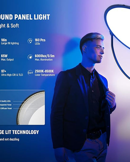 NEEWER 18" RGB LED Round Panel Video Light with APP Control, 65W 6000Lux/0.5m 2500K-8500K RGBCW Photography Studio Lighting /18 Scenes/V Battery Powered for Outdoor Filming Recording Streaming, GR18C