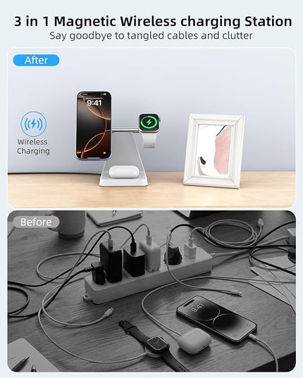 Charging Station for Multiple Devices Apple: 3 in 1 Magnetic Wireless Charger Stand for MagSafe-Compatible Nightstand Charging Dock for iPhone 17 16 15 14 13 12 Pro Max Plus Apple Watch Airpods