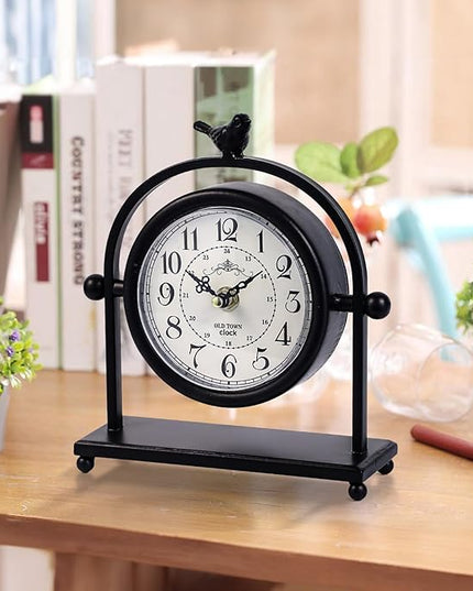 MODE HOME Silent Battery Operated Black Metal Analog Desk Clock with Bird, Small Table Clock for Farmhouse Decor, Mantel Shelf, Home and Living Room