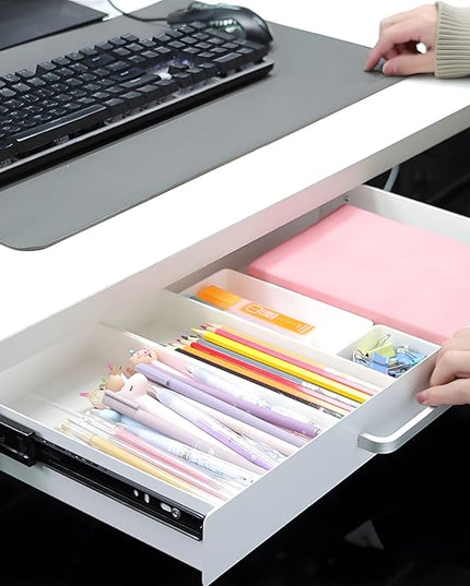 OSteed Under Desk Drawer White 21" with 4 Divider Trays, Under Shelf Pencil Drawer Pull-out, Standing Desk Metal Storage Attachment Slide Out for Workbench