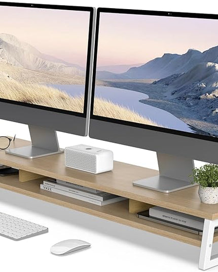 Fenge Dual Monitor Stand for Desk, 42.5in Large Monitor Riser for 2 Monitors, 2 Tier Computer Office Desk Top Shelf, Desktop Storage Stand for Laptop, PC, Computer, Printer