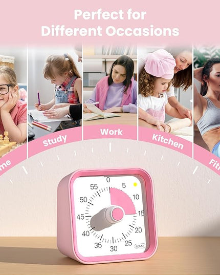 InfPokid Visual Timer for Kids with Pause Function, 60 Minute Countdown Timer for Kids Desk Study, Teaching, Kitchen Cooking, Office Meetings, Time Management for ADHD (Pink)