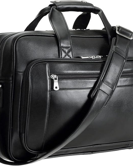compalo Men's Solid Thick Full Grain Leather 17.3" Laptop Briefcase Classic Messenger Bag Fit Business Travel | Solid, Thick, Full Grain Leather, 17.3", Classic, Fit, Business Travel