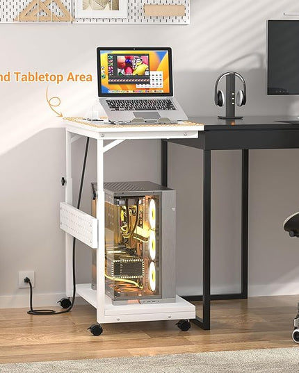 Computer Tower Stand with Power Strips, 4 Levels Manual Height Adjustable PC Tower Stand for Under Desk, Mobile Rolling CPU Holder, Computer Cart with Wheels, 24", Carbon Fiber White