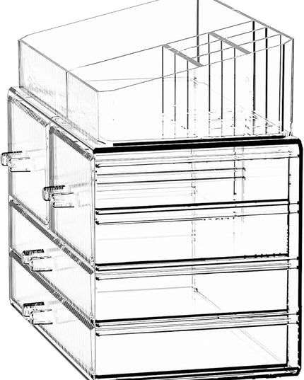 ZHIAI Stackable Storage Drawers, Acrylic Bathroom Counter Organizer Clear Makeup Organizers for Vanity, Kitchen Cabinets, Bathroom, Undersink, Home Organization and Storage (1 Top 4 Drawers D)