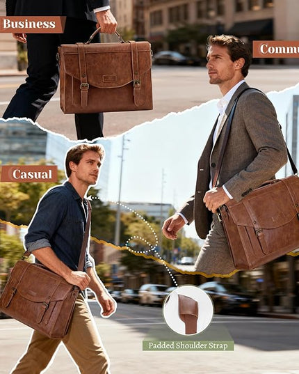 RAINSMORE Flap Messenger Bag for Men Vintage PU Leather Laptop Bag 15.6 Inch Retro Briefcase with Wallet Satchel Computer Bag