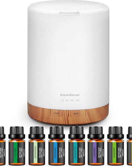 InnoGear Aromatherapy Diffuser & 8 Essential Oils Set, 300ml Premium 5-in-1 Ultrasonic Essential Oil Diffusers Scent Humidifier Aroma Diffuser Vaporizer Auto-Off Timer for Room Office Home, Yellow