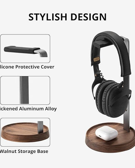 muso wood Walnut Headphone Stand, Universal Headset Stand with Storage Base, Wood Desktop Headphone Holder for Gaming Headset and Music Headset