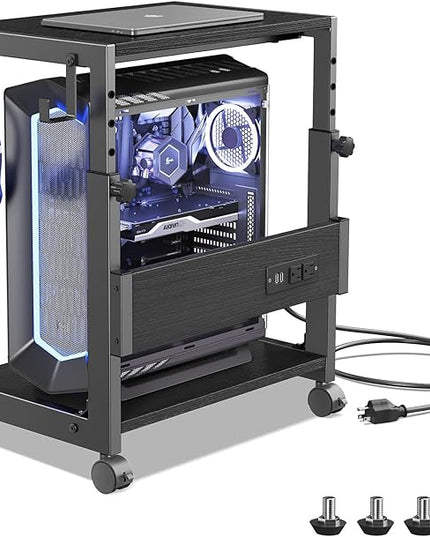Computer Tower Stand with Charge Station and USB Charging Port - Height Adjustable PC Tower Stand, Under Desk CPU Holder Cart with Locking Caster Wheels for Fits Most PC