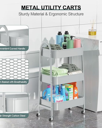 EAGMAK 3 Tier Utility Rolling Cart, Metal Storage Cart with Handle and Lockable Wheels, Multifunctional Storage Organizer Trolley with Mesh Baskets for Kitchen, Living Room, Office, Garage (Grey)