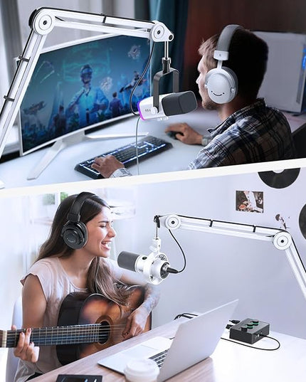 FIFINE Microphone Boom Arm Stand, Metal Heavy Duty Mic Stand, Scissor Suspension Adjustable Boom Arm for Podcast Recording Streaming Gaming, with Desk Clamp, 5/8" Screw, Cable Ties-BM63 White