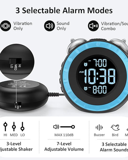 uscce Loud Dual Alarm Clock with Bed Shaker - 0-100% Dimmer, Vibrating Alarm Clock for Heavy Sleepers or Hearing Impaired, Easy to Set, USB Charging Port, Snooze, Battery Backup (Blue)