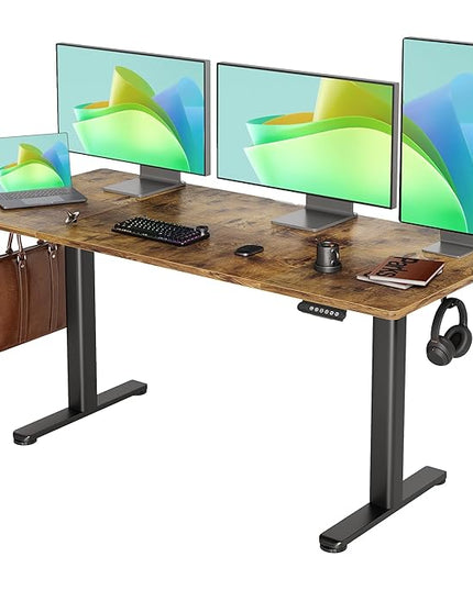 INNOVAR Electric Standing Desk, Adjustable Height Stand up Desks, 63 x 24 Inches Sit Stand up Desk for Home Office Computing, 3-Preset Memory Height Ergonomic Rising Desks, Rustic Brown