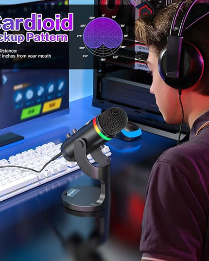 ZealSound Podcast Microphone for PC, USB Noise Cancelling Mic with RGB Lighting, Mute & Gain Control, Zero-Latency Monitoring for Mac, iPhone, iPad, Computer, Streaming, Recording, Podcasting K66 Pro