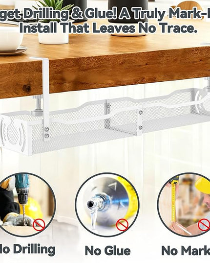 Cable Management, 25.3'' Under Desk Cable Management Tray No Drill, Metal Cable Organizer with Clamp for Wire Management, Cord Organizer for Home Office, Desk Accessories Organizer, White
