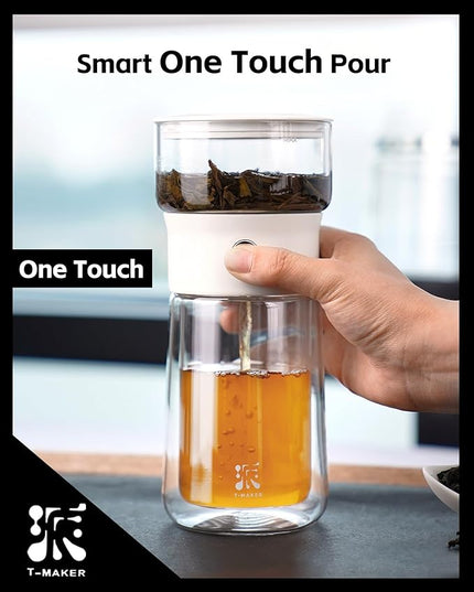 ZENS Modern Tea Pot, Glass Teapot with Infusers for Loose Tea Diffusers with One Touch Pouring, Cool Portable Tea Maker with Insulated Tea Mug and Travel Tea Kits for Tea Lover Gifts