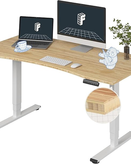 FlexiSpot E6 Bamboo 3-Stage Dual Motor 60 x 30 Electric Standing Desk Sit Stand Up Desk, Holds 220 lbs, Adjustable Height w/ Memory Presets, Solid Bamboo Curved Desktop & White Frame, Ships in 2 Boxes