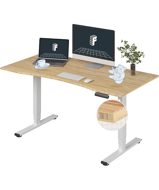 FlexiSpot E6 Bamboo 3-Stage Dual Motor 60 x 30 Electric Standing Desk Sit Stand Up Desk, Holds 220 lbs, Adjustable Height w/ Memory Presets, Solid Bamboo Curved Desktop & White Frame, Ships in 2 Boxes