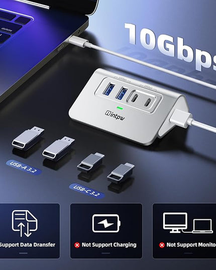 USB C Hub 10Gbps, 4 Port USB Splitter with 2 USB C/USB A 3.2 Data Ports, [Not Support Video and Chrging], Aluminum USB 3.2 Hub with 3.3Ft Cable for Laptop, PC, Mac, Flash Drive, Camera