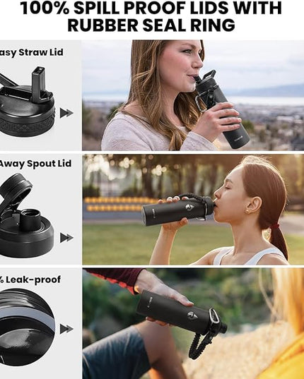 Insulated Water Bottle 20 oz, Triple Wall Vacuum Stainless Steel (Cold for 48 Hrs), Leak Proof & Non-BPA, Kids Water Bottle Jug for School with Straw Spout Lids, Magic Black