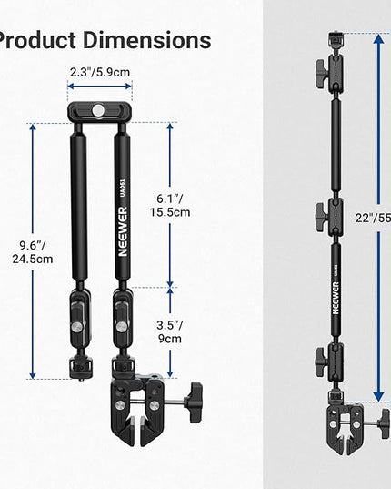 NEEWER Basics Magic Arm Desk Mount, 22" Overhead Mic Stand Boom Arm Desktop Phone Holder with 1/4" 3/8" Threads for ARRI, for DSLR Action Camera Webcam Microphone LED Light for Video Recording, UA061