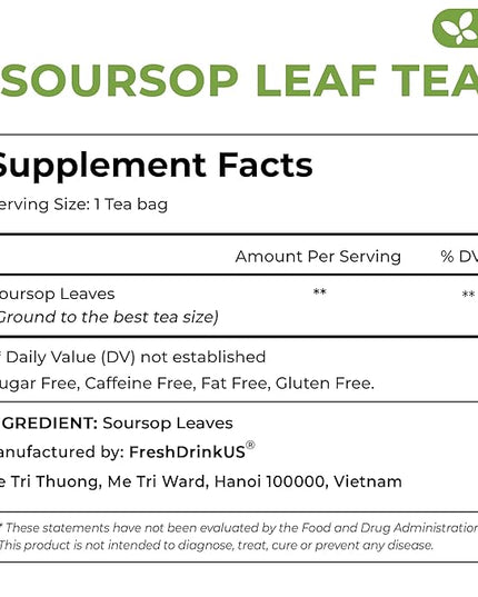 FreshDrinkUS, Premium 75 Soursop Graviola Leaf Tea Bags, 100% Natural and Pure from Soursop Leaves, Handmade, Made With Natural Materials-Corn Fiber Tea Bag, Sugar/ Caffeine/ Gluten Free, Hoja Guanabana Tea
