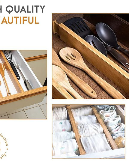 4 Pack Drawer Divider - Bamboo 2.6" High, 12.5-17" Adjustable Drawer Organizers for Clothes, Expandable Dresser Separators in Bedroom, Bathroom, Kitchen, Office Organization and Storage
