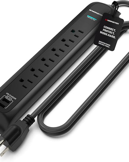 Monster Power Surge Protector w/ 1200 Joule Rating — Heavy Duty 6 FT Surge Protector Power Strip w/ 6 120V Outlets, 2 USB-A Ports — Fireproof MOV, Dual Mode, Clean Tech for Home & Office (Black)
