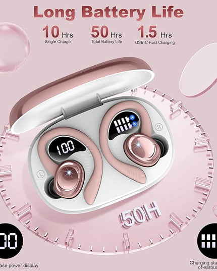 Wireless Earbuds Sport, New Bluetooth 5.4 Headphones with Earhooks, 50H Stereo Deep Bass Over Ear Buds with 4 ENC Noise Canceling Mics, IP7 Waterproof Earphones for Running Workout Gym -Rose