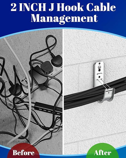 ForoGore 100 Pack 2 Inch J Hook Wall Mount J Hook with Retainer Clip Galvanized Steel Wall Cable Hooks Smooth Round Edge J Hook for Hanging Wire Cable Management & Organization Solution