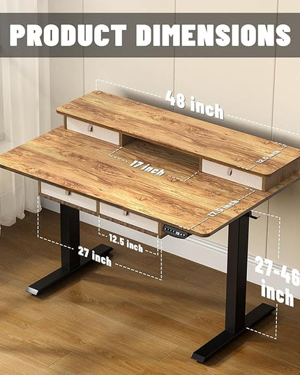 48 * 30 Inches Electric Standing Widened Desk Adjustable Height with 4 Drawers, Double Storage Shelves Stand Up Desk, Home Office Workstation Sit Stand up Desk (Light Rustic Brown)
