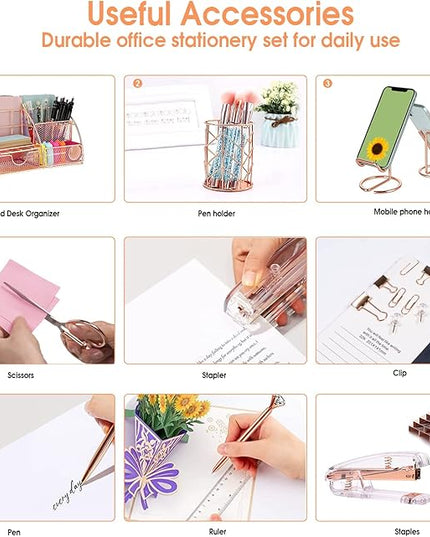Rose Gold Desk Organizers and Accessories Office Supplies Set Stapler, Pen Holder, Phone Holder, Scissors, Pen, Ruler, 30 Paper Clips, 22 Binder Clip, 20 Tacks and 1000pcs Staples